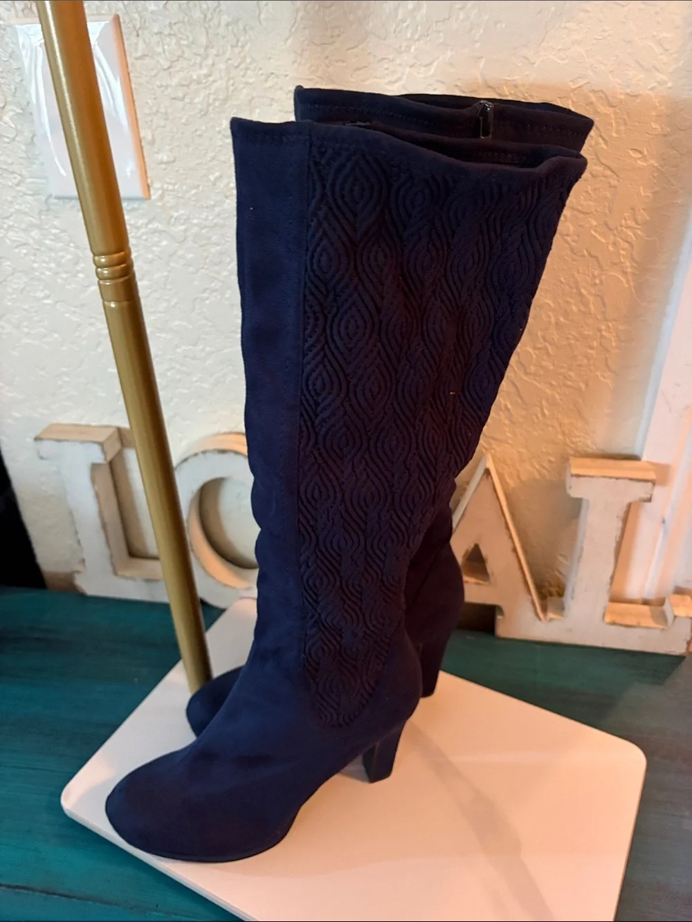 Women's Navy Knee-High Suede Heeled Boots